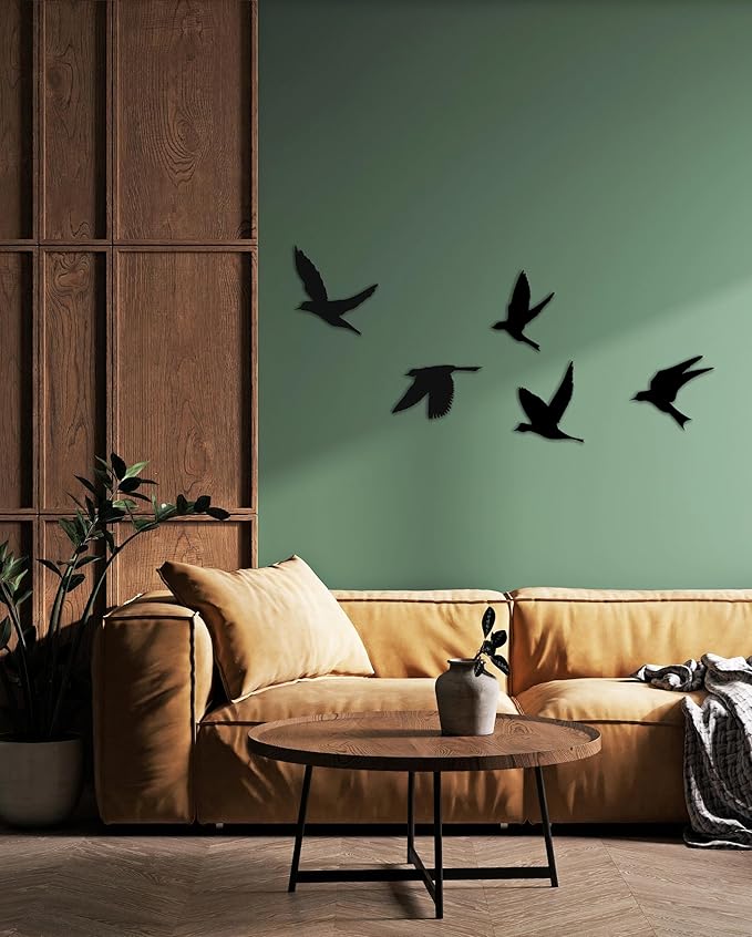Birds Metal Wall Decor Set of 5, Minimalist Bird Flock Wall Art, Metal Garden Decorations, Home Decor, Modern Home Decoration, Birds Sign for Living Room, Birds Wall Hangings for Office, Bird Art (Black, 5" / 13 cm - SMALL)
