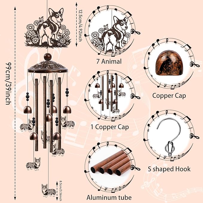 Dog Wind Chimes for Outside - Corgi Gifts for Corgi Lovers Women Men Dog Themed Festival Metal Windchimes Outdoors Decor for Home Yard Patio Garden Birthday Memorial