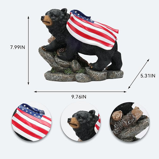 Suyorpe Bear Solar Lights Outdoor Statue - Garden Black Bear with Light up American Flag Solar Animals Outdoor Waterproof Decor for Patio,Porch,Balcony,Yard,Lawn