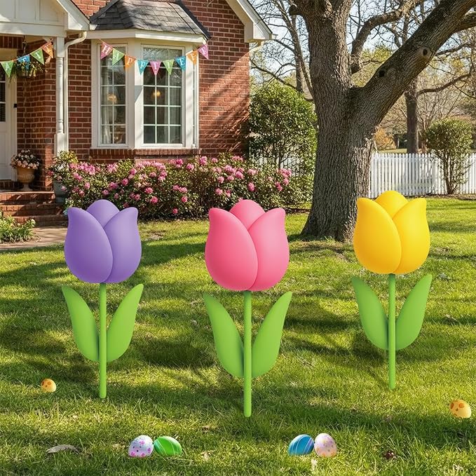 DoubleFill 3 Pcs Easter Decorations Outdoor 3D Metal Easter Eggs Tulip Yard Signs Decorative Garden Stakes Eggs Bunny Lawn Decorations Yard Decor for Spring Lawn Pathway Garden(Tulip Style)