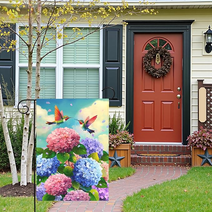 Spring Hummingbird Hydrangea Garden Flag Summer Floral Bird Outdoor Yard Flags Double Sided Flower House Banner Colorful Bloom Patio Lawn Porch Yard Seasonal Nature Home Decor 12x18 Inch