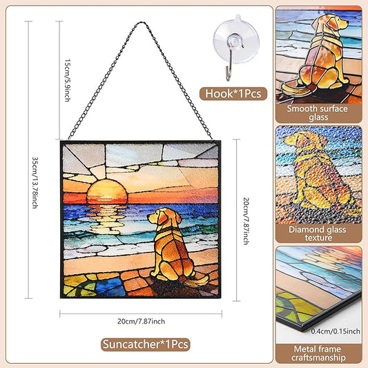 Hanging Stained Glass for Window Dog Suncatcher, Sun Catchers for Outdoor Decoration, Golden Retriever Garden Decor, Gifts for Women, Lovers, Couple, Friend, Bestie