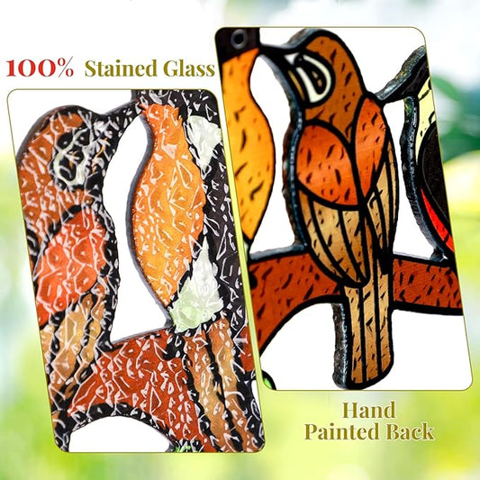 Huray Rayho Stained Glass Sun Catcher Birds On Branch for Indoor Window Hanging, Hand-Painted and Double Side with Gift Packaging, Hummingbird Gifts for Bird Lovers Mom Grandma, Bird Decor Ornament