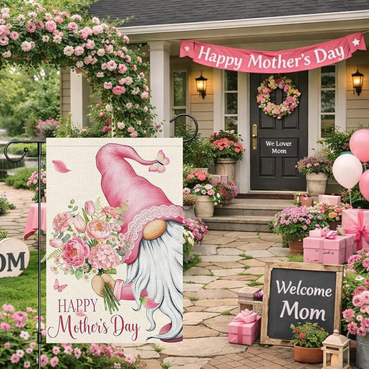Heyfibro Happy Mother's Day Garden Flag 12x18 Double Sided Burlap, Gnome Garden Flag with Pink Floral Bouquet Yard Banner for Spring Outside Outdoor House Mothers Day Decoration (ONLY FLAG)