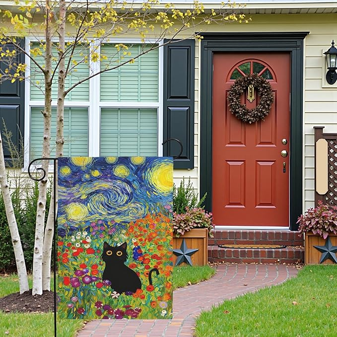 Spring Cat Garden Flag Van Gogh Style Black Cats Yard Falgs Vibrant Starry Night Floral Colorful Summer Artistic Kitty Flower Field House Banner for Porch Patio Lawn Pathway 12x18 Inch