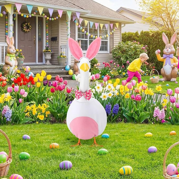 Abbylike 1 Set Easter Bunny Porch Goose Outfits Easter Yard Goose Clothes Costume with Bunny Ears Headband Fits Large 23'' Cement for Spring Outdoor Garden Yard Patio Statue Pathway Art Decorations