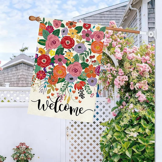 Baccessor Spring Summer Welcome House Flag Double Sided 28x40 Inch Burlap,Floral Flowers Large Garden Flag Porch Patio Front Entry Yard Seasonal Farmhouse Outside Outdoor Decor