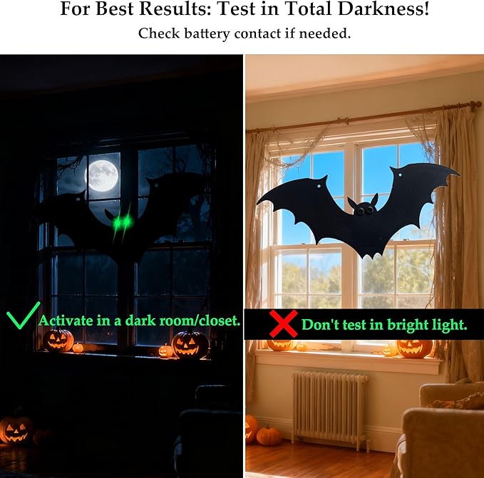 Hanging Bats Halloween Decorations, 12Pcs Halloween Bats with Night Auto-On/Off, Scary Green LED Eyes 3D Bat Wall Decor, Light Up Bat 3 Modes, Outdoor and Indoor Tree Yard Party Decor
