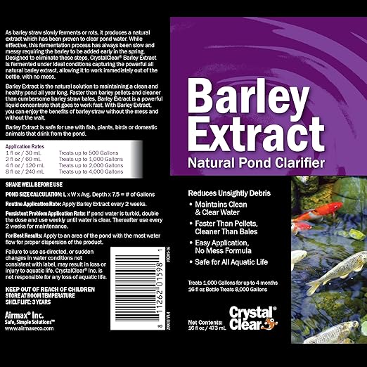 CrystalClear Barley Extract Pond Treatment – Natural Water Clarifier for Fountains, Water Gardens & Koi Ponds, Clears Cloudiness, Fish & Plant Safe, 2.5 Gallon