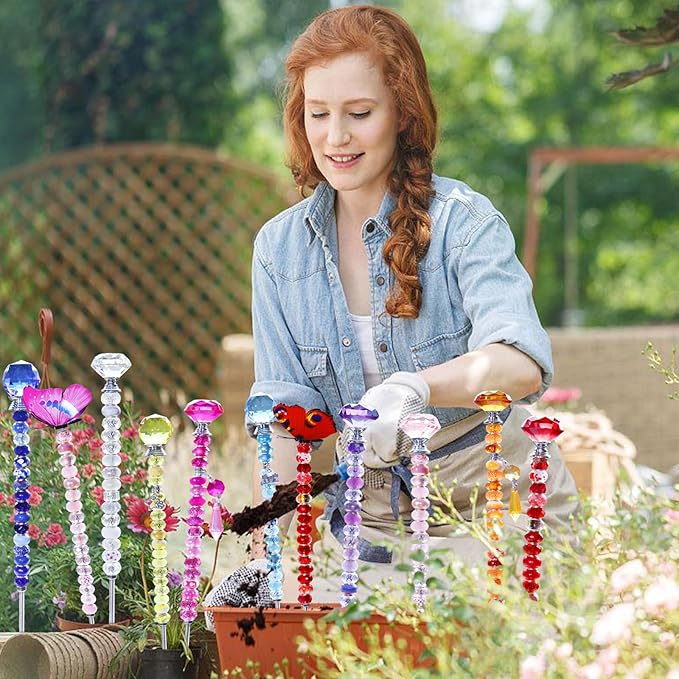 101 PCS Beaded Garden Stakes Kit, DIY Fairy Wand Garden Stake Beads Kits with Orange Large Hole Beads 4 Crystal Stopper Top Threaded Rods and 2 Colored Small Windmills for Outdoor Indoor Decor
