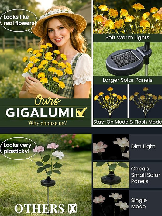 GIGALUMI Solar Lights Outdoor for Garden Decor, 2 Pack Solar Flower Lights Waterproof, 2 Lighting Modes 14 Carnations for Pathway,Yard, Patio Decoration, Gardening Gifts for Women (Yellow)