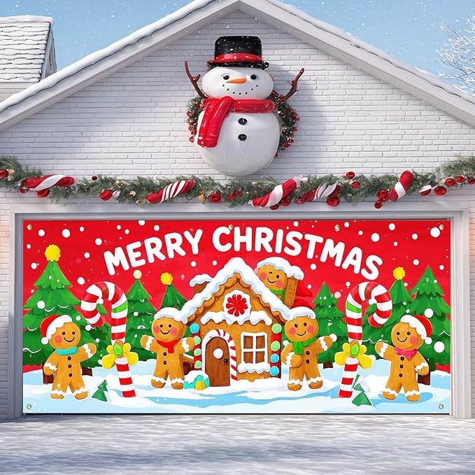 IVN Christmas Garage door banner Gingerbread House Candy Cane Characters Snowy Trees Door Cover Indoor And Outdoor Studio Background Hanging Decoration 13x6ft