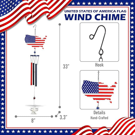 CoTa Global USA Map Flag Wind Chime - Handmade Metal Hanging Decor, Patriotic United States Ornament with Red Blue Tubes, Indoor Outdoor Porch Patio Yard Decoration - 33 Inches