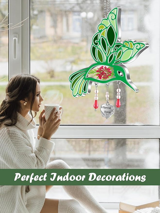 KY&BOSAM Hummingbird Suncatcher A Special Sister Hangings Ornament Home Decor for Windows Wind Chime with Pressed Real Flower and Metal Heart Charm Birthday Gifts for Women Mothers Day Christmas