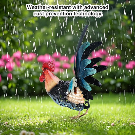 16.5" Whimsical Metal Rooster Garden Statue, Handmade Morning Crowing Rooster Sculpture with Green Tail Feathers, Rust-Resistant Iron Art for Yard, Farmhouse, Kitchen & Outdoor Decor