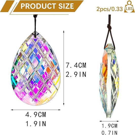 HDCRYSTALGIFTS Set 2 Crystal Sun Catcher Prisms Pendant for Window Hanging Decor,3inch AB Colored Crystal Suncatchers Rainbow Maker Light Catcher for Home Indoor Garden Christmas Tree Ornament