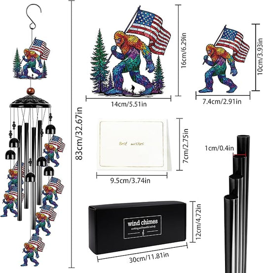 Fathers Day Big Foot Sasquatch Gifts, Sasquatch Patriotic American Flag Wind Chimes for Outside, Colorful Big Foot Outdoor Windchime for Home Garden Patio Porch Yard Decor