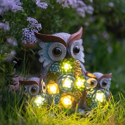 Candieslife Solar Garden Statue Owl Decor – Cute Owl Family Figurines with LED Succulent Lights, Waterproof Outdoor Yard Art Ornaments for Patio, Lawn, Porch, Housewarming Gifts for Women Mom