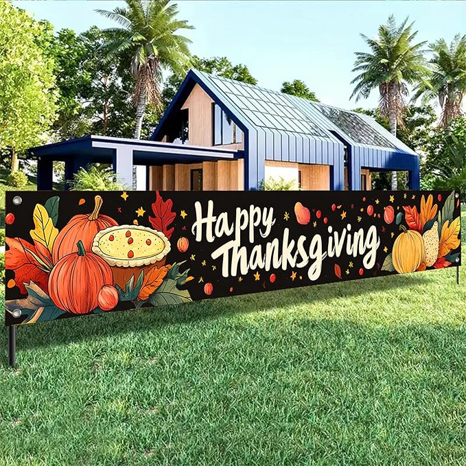 BlissYard Thanksgiving Banner 180x20 Inches Hanging Decor Pumpkin Pie Harvest Scene Decoration for Home Party Supplies Photo Backdrop Outdoor Indoor Holiday Season Decor