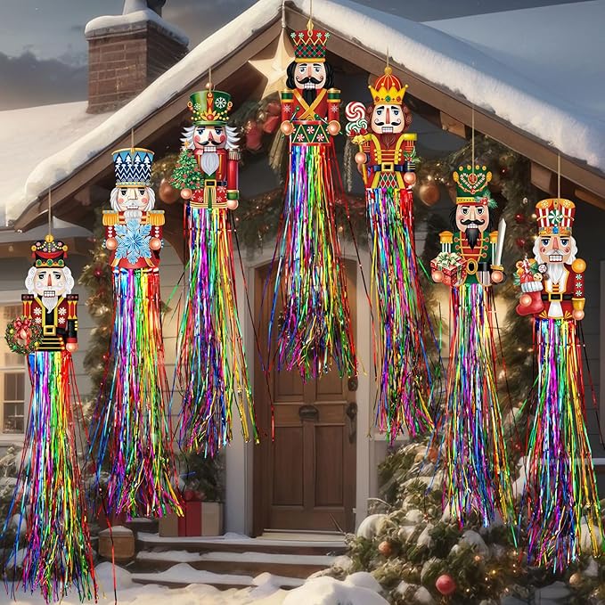 DoubleFill 8pcs Christmas Nutcracker Outdoor Decorations with Tassels Christmas Hanging Yard Decorations for Outside 3.3ft Xmas Signs Windsocks for Tree Lawn Yard Wall Party Supplies Home Decor