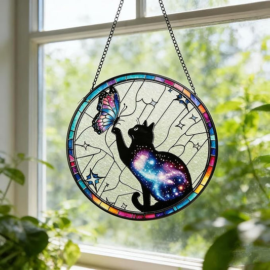 Stained Glass Sun Catcher,Cat and Butterfly Glass Window Hanging Garden Decor,Sun Catchers Indoor Window,Whimsical Decoration for Home Backyard Patio Lawn Porch with 7.9 INCH