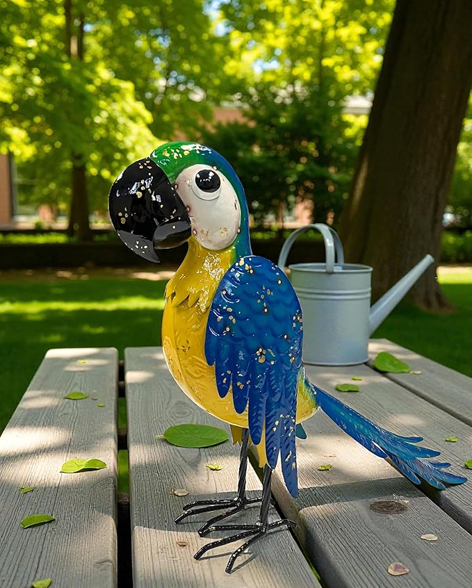 Tropical Parrot Metal Colorful Enameled Garden Outdoor Statue Blue, Home Decor, Porch Accessory, Patio and Lawn Yard Art, Garden Decor Animal Sculpture Ornament