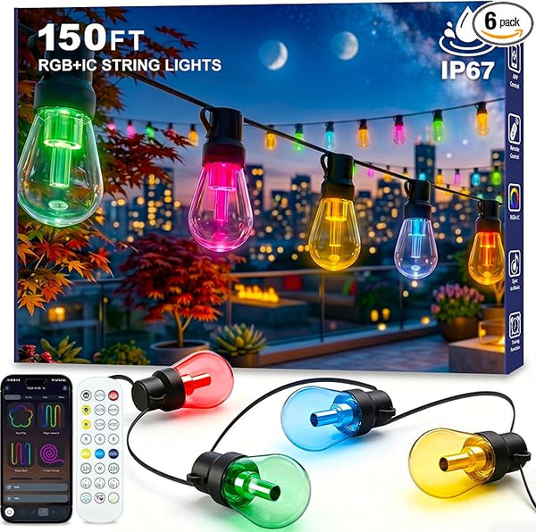 AHRLHR 150FT RGB+IC Outdoor String Lights,Outside Light Dimmable Shatterproof LED Bulbs,Balcony, Outdoor Living, IP67 Waterproof Chasing Effect Lighting DreamColor Patio Strip Lights for Backyard