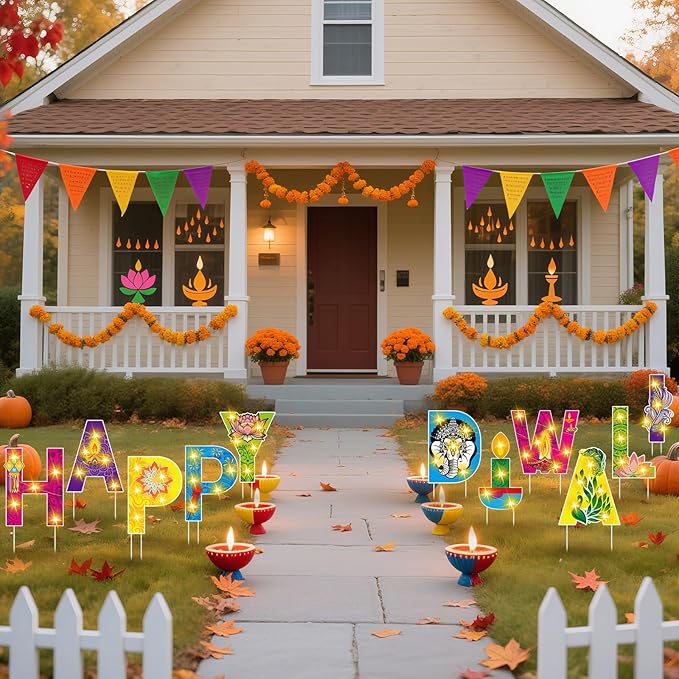 11 Pcs Happy Diwali Yard Stake Sign with LED String Lights Diwali Outdoor Decorations Festival of Indian Lights Party Stakes for Yard Lawn Decor Garden Pathway Decor Photo Booth Props
