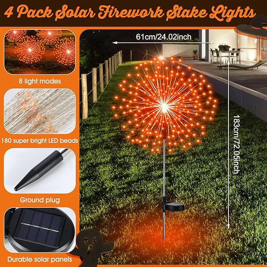 Tujoe 6 Pcs Halloween Solar Firework Stake Lights 180 LED 8 Modes Solar Waterproof LED Sparkler Lights Outdoor Decoration for Summer Fall Xmas Holiday Garden Patio Yard Pathway Walkway, Orange