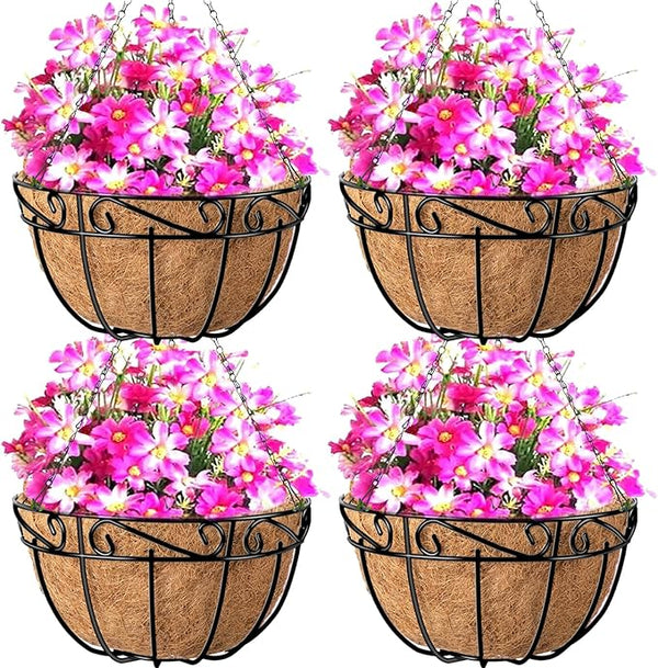 AMAGABELI GARDEN & HOME 4 Pack 12 Inch Metal Plant Hanging Baskets Planter Flower Pots Outdoor Indoor Wire Hanging Basket for Vegetable with Coco Fiber Liners for Garden Home Porch Decor