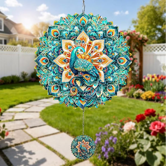 Wind Spinners Outdoor Peacock, 12 inch Laser Cut Metal Art Geometric Pattern Wind Spinners Hanging Kinetic for Yard, Garden, Patio, Outdoor - Craft Decor Birthday Gifts for Women, Men, Mom