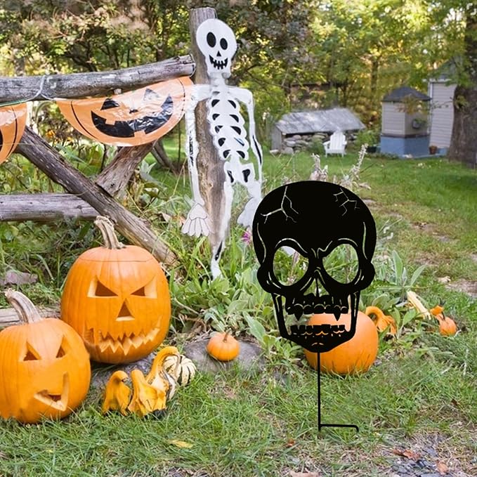 Halloween Decorations Outdoor, Metal Skull Decorative Garden Stakes for Halloween Decor, Metal Yard Signs for Outside Garden Lawn Porch Party Decorations