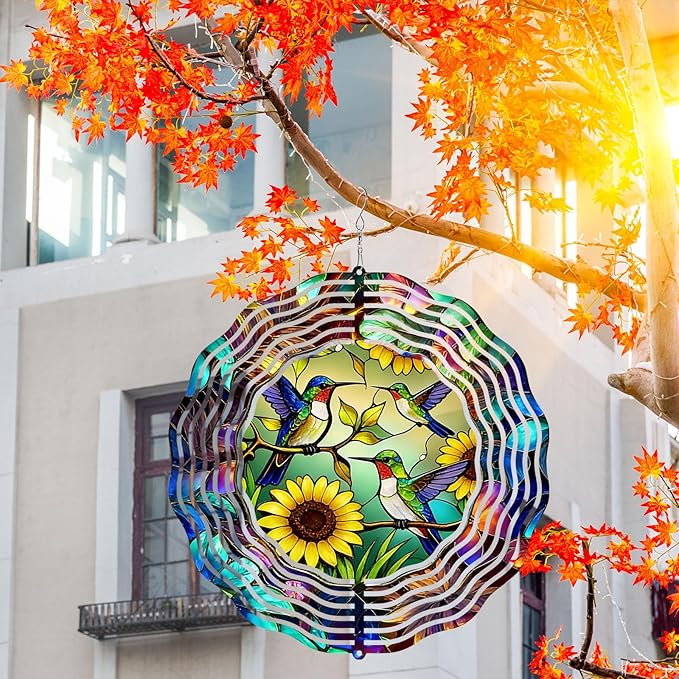 10 Inch Hummingbird Wind Spinner, 3D Metal Hanging Bird Kinetic Wind Rustproof Sculpture Gift for Women Mom Grandma Wife, Yard Garden Balcony Spring Ornament Outdoor Decor