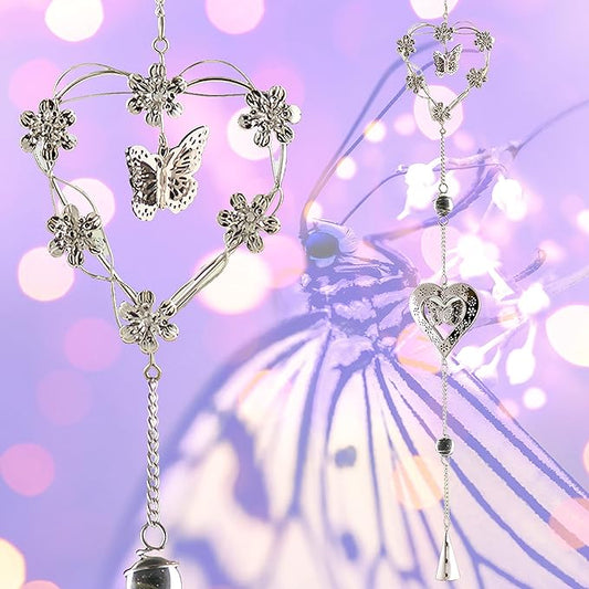 Butterfly Bell Wind Chimes - Butterfly and Heart with Mobile Design - Metal Silver Hearts - Butterflies and Flowers - 40" Long - Sturdy S Hook for Hanging