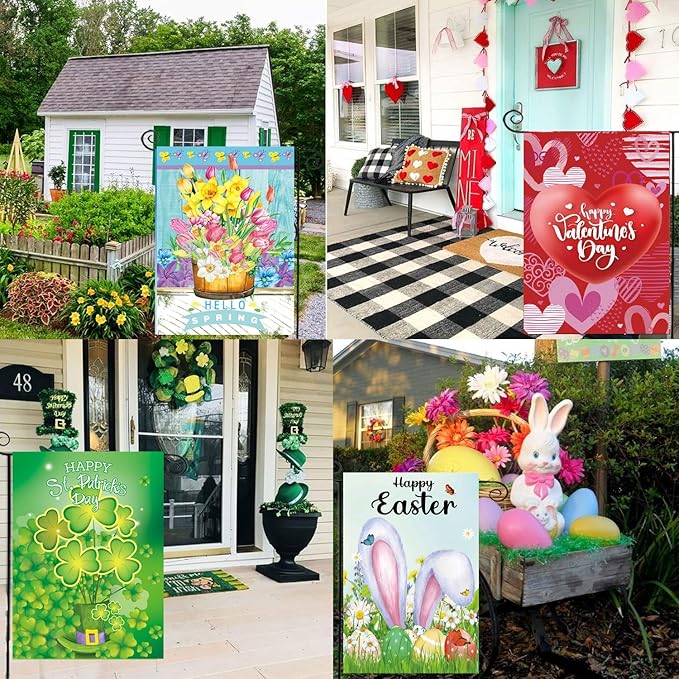 Seasonal Garden Flags Set of 12-Double Sided 12 x 18 Inch Outside Yard Flags, Small Flags for Outside, Holiday Garden Flags for All Seasons, Spring Easter Summer 4th of July Outdoor Flags