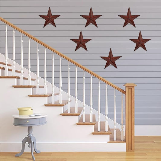 VIVICOMFY 6"(6pieces Red Black Barn Star Texas Stars Art-Metal Stars for Outside Rustic Vintage Western Wall Decor Country Home Farmhouse Wall Decorations