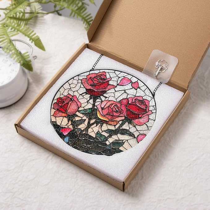 Pink Red Roses Stained Glass Window Hanging Suncatchers Valentine Roses Glass Panel Hangings Vintage Floral Window Decor Flowers Lovers Gift for Women Mom Spring Garden Nature Ornament 3.9inch