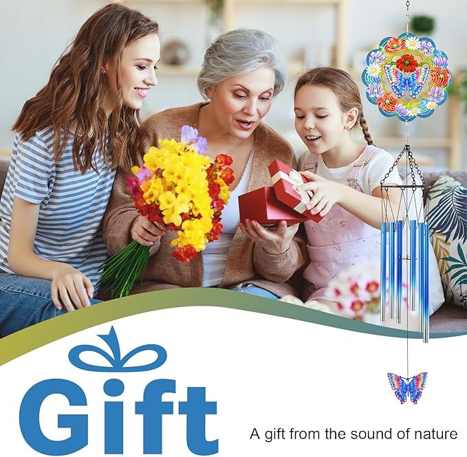 Butterfly Wind Chimes for Outside, 3D Wind Chimes with Wind Spinner, Outdoors Hanging Decor for Garden, Patio and Balcony, Gifts for Men, Women, Mom, Lovers