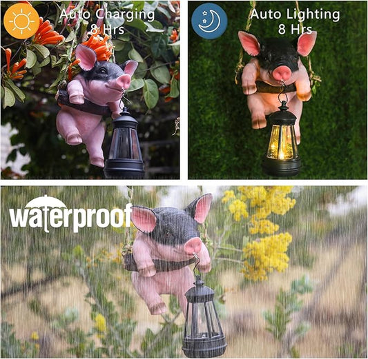 Hanging Pig Garden Lantern, Solar Pig Sculpture Outdoor Resin Garden Decoration, Weather-Resistant Animal Statue for Porch, Patio, and Walkway