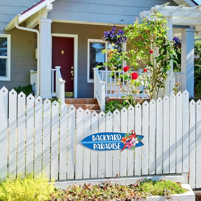 Wooden Backyard Paradise Sign Surfboard Wall Hanging Sign Wooden Hanging Decorative Art for Yard Garage Bar Tiki Wall Home Party Summer Decor Gift, 5 x 16 Inches