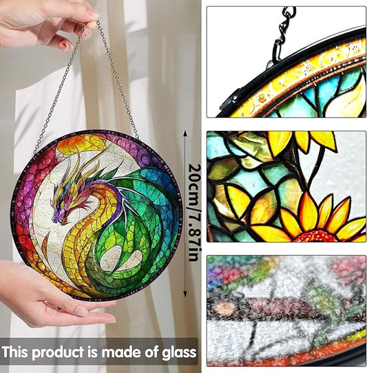 Bimkole Dragon Stained Glass Suncatcher Window Hanging - Animals Indoor Window or Doorway Decoration - Handmade Sun Catcher Decor for Garden Home Christmas & Birthday Gifts 7.87x7.87 Inch