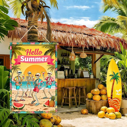BlissYard Hello Summer Skeleton Garden Flag 12x18 Double Sided Vertical Outdoor Decor Tropical Beach Skull Banner Colorful Vacation Yard Garden Lawn Welcome Display