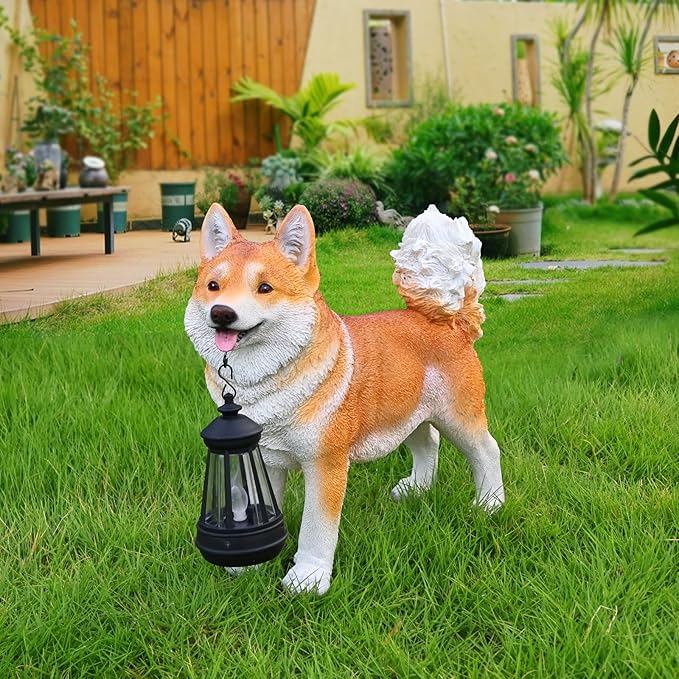 Akita Garden Sculpture with Solar Light and Double-Sided Sign, Standing Brown & White Japanese Akita Statue for Outdoor/Indoor Yard Patio Lawn Decor, Realistic Guardian Accent for Porch Pathway