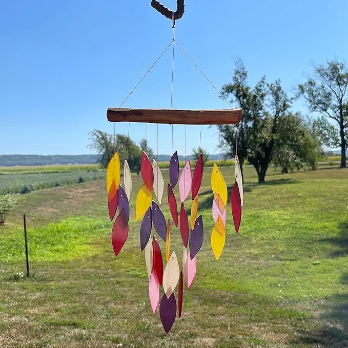 Blue Handworks Fiesta Waterfall Glass and Driftwood Chime, Sandblasted Glass and Found Wood Handcrafted Wind Chime