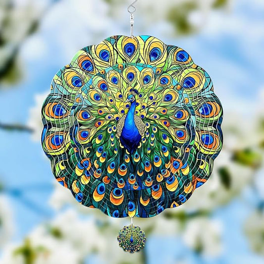 GENANY Peacock Hanging Wind Spinners for Women Men, 12 Inch Metal 3D, Stainless Steel Hanging Wind Catchers Sculpture for Outside, Spring Decoration Garden, Unique Gift