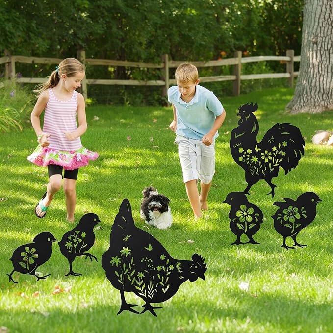 Romart Chicken Silhouette Garden Stakes Decorations - 6 Pcs Metal Chicken Animals Statues, Black Rustic Animal Sculpture Set, Yard Art for Outdoor Garden & Patio Lawn