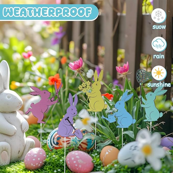 Leinuosen 5pcs Easter Bunny Garden Stakes 13 inch Metal Easter Yard Decor Colorful Finish Outdoor Garden Stakes Bunny Silhouette Set for Lawn Planter Flower Pot Pathway Spring Decoration(Colorful)
