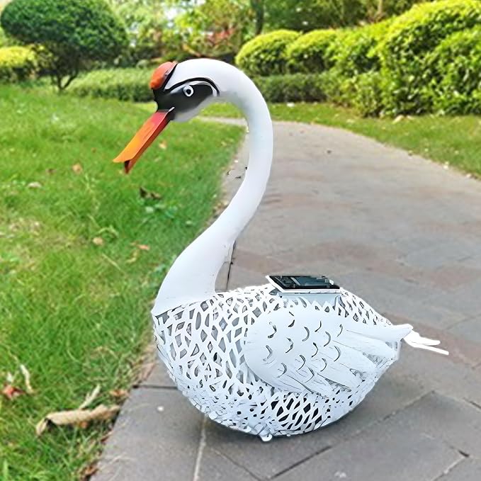Large Swan Statue Garden Decor with Solar Powered Light, Hand-Painted Iron Art with Hollow Carved Design, Waterproof Outdoor Sculpture for Garden, Yard, Pond, Lawn and Pathway,Short