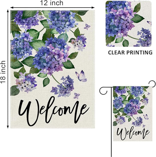 Welcome Spring Hydrangea Decorative Garden Flag, Purple Floral Flowers Butterfly Yard Outside Decorations, Summer Farmhouse Outdoor Small Home Decor Double Sided 12 x 18