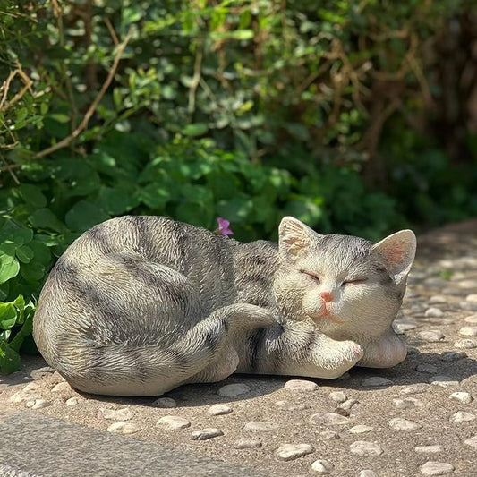 Cat Figurines - Outdoor Statue Garden Decor, Grey Sleeping Cat Statue, 11.5" Larger, Perfect for Patio, Lawn or Indoor Use, Great Gift for Mom